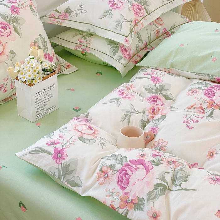 91家纺网 家纺一手货源 找家纺 铭博家纺 新款直播爆款网红全棉四件套13070印花吊边一字绣纯棉被套工艺款 绿苑春1