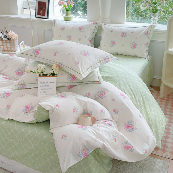 91家纺网 家纺一手货源 找家纺 铭博家纺 新款直播爆款网红全棉四件套13070印花吊边一字绣纯棉被套工艺款 桃桃苏打