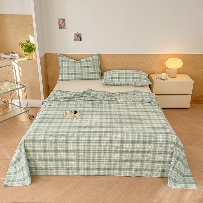 91家纺网 家纺一手货源 找家纺 晓时候 2025新款100%全棉色织水洗棉床单全棉床单纯棉床单 光年绿