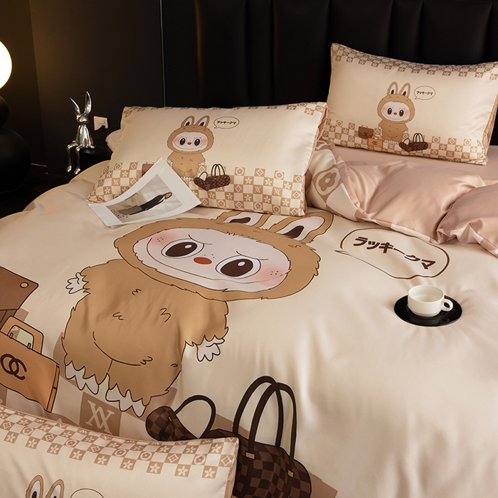 91家纺网 家纺一手货源 找家纺 2025新款水洗真丝数码印花四件套 卡夫兔