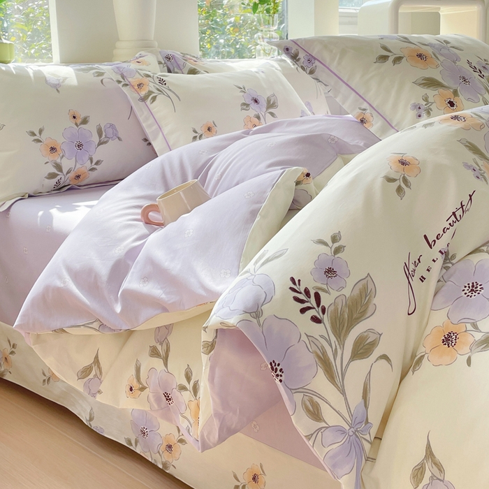 91家纺网 家纺一手货源 找家纺 铭博家纺 新款直播爆款网红全棉四件套13070印花吊边一字绣纯棉被套工艺款 夕颜