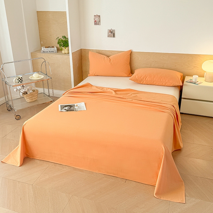 91家纺网 家纺一手货源 找家纺 晓时候 2025新款100%全棉色织水洗棉床单全棉床单纯棉床单 果橙