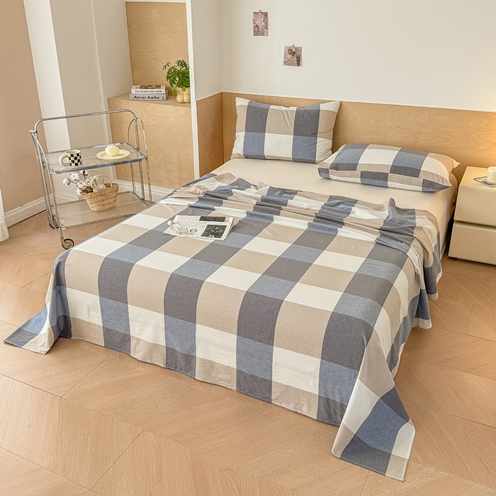 91家纺网 家纺一手货源 找家纺 晓时候 2025新款100%全棉色织水洗棉床单全棉床单纯棉床单 蓝大格