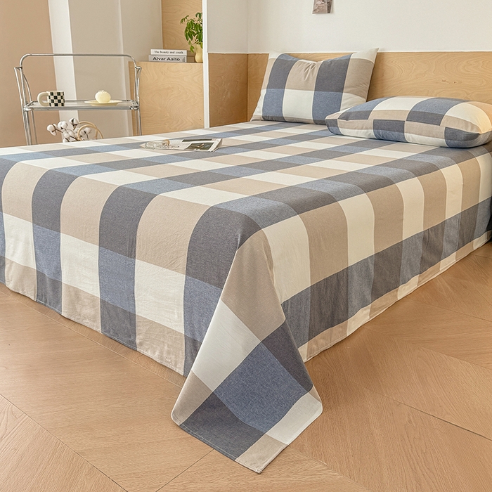 91家纺网 家纺一手货源 找家纺 晓时候 2025新款100%全棉色织水洗棉床单全棉床单纯棉床单 蓝大格