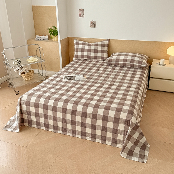 91家纺网 家纺一手货源 找家纺 晓时候 2025新款100%全棉色织水洗棉床单全棉床单纯棉床单 灰中格