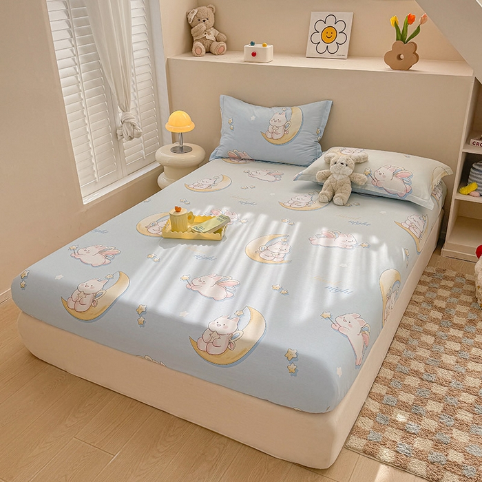 91家纺网 家纺一手货源 找家纺 2025新款12868全棉套件单品系列二单床笠 月亮兔