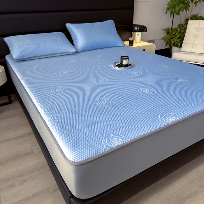 91家纺网 家纺一手货源 找家纺 欧邦 2025新款A类3D提花冰豆豆床笠款凉席 床笠款-清雅蓝