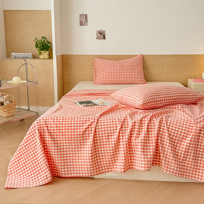 91家纺网 家纺一手货源 找家纺 晓时候 2025新款100%全棉色织水洗棉床单全棉床单纯棉床单 粉小格