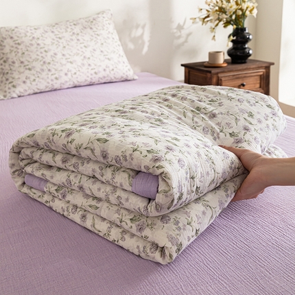 吾诺 2025新建全棉印花泡泡双层纱大豆夏被子被芯全棉夏被四件套夏凉被空调被 浅紫花语