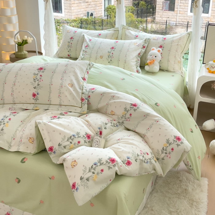 91家纺网 家纺一手货源 找家纺 铭博家纺 新款直播爆款网红全棉四件套13070印花吊边一字绣纯棉被套工艺款 淡雅花资