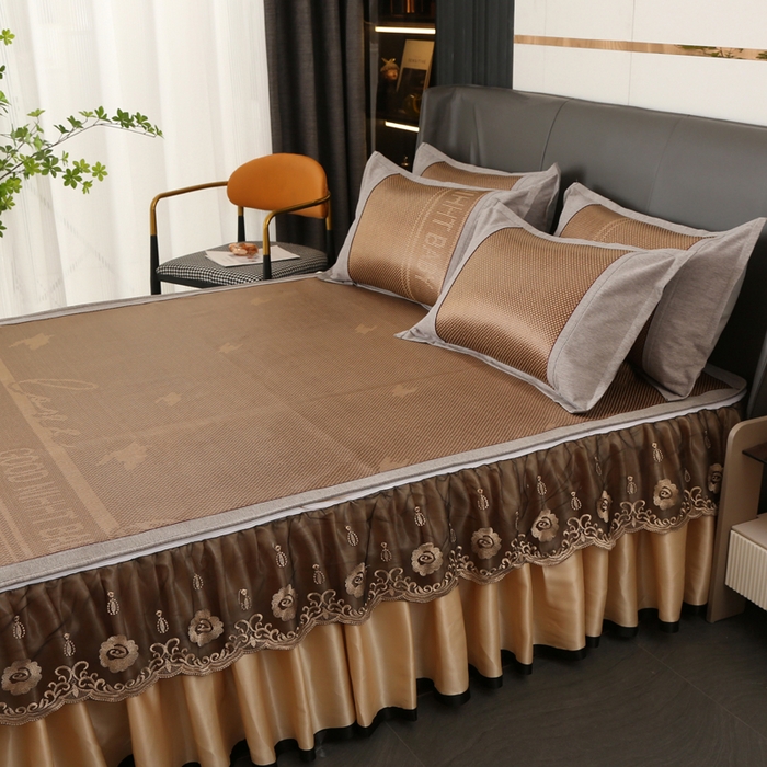 91家纺网 家纺一手货源 找家纺 能好家纺 2025新款提花冰藤席凉席床裙款 格调咖