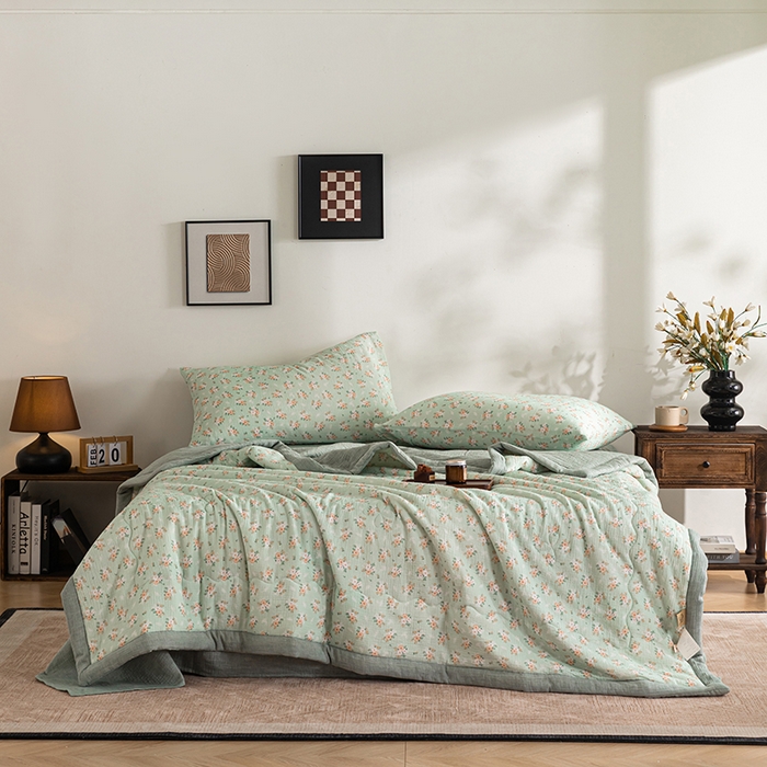 91家纺网 家纺一手货源 找家纺 吾诺 2025新建全棉印花泡泡双层纱大豆夏被子被芯全棉夏被四件套夏凉被空调被 春意