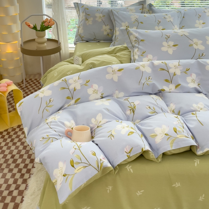 91家纺网 家纺一手货源 找家纺 铭博家纺 新款直播爆款网红全棉四件套13070印花吊边一字绣纯棉被套工艺款 元气晶冻