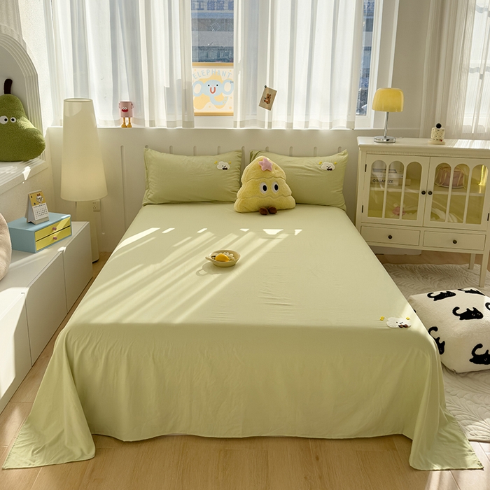 91家纺网 家纺一手货源 找家纺 曼谷家纺 2025新款软糯毛巾绣水洗棉床单床笠枕套纯色床单床笠枕套单品 小白云-豆绿