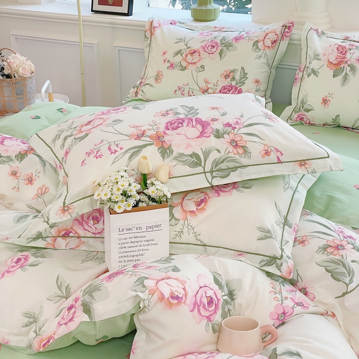 91家纺网 家纺一手货源 找家纺 铭博家纺 新款直播爆款网红全棉四件套13070印花吊边一字绣纯棉被套工艺款 绿苑春1