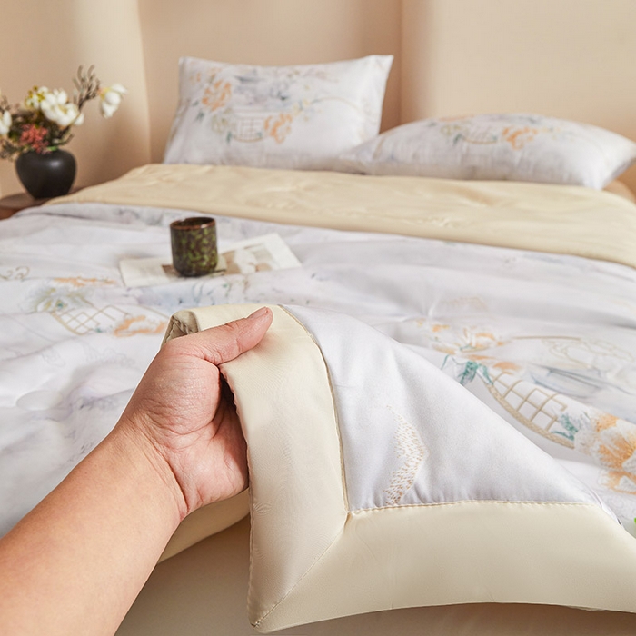 91家纺网 家纺一手货源 找家纺 兴邦 2026新款直播爆款夏被花香凉感数码印花夏凉被空调被可机洗被芯 兰亭序