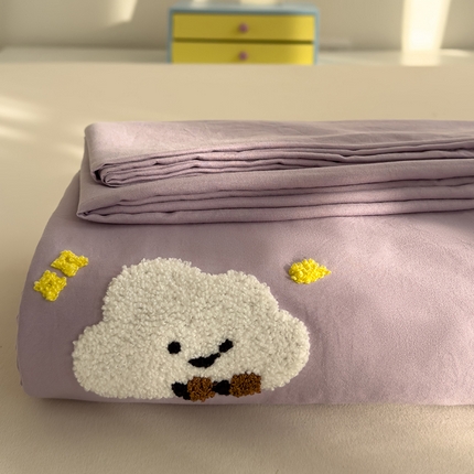 曼谷家纺 2025新款软糯毛巾绣水洗棉床单床笠枕套纯色床单床笠枕套单品 小白云-紫色