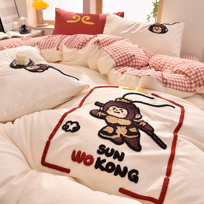 91家纺网 家纺一手货源 找家纺 炫拼家纺 2025新款卡通多巴胺A类全棉40支水洗棉毛巾绣四件套 美猴王