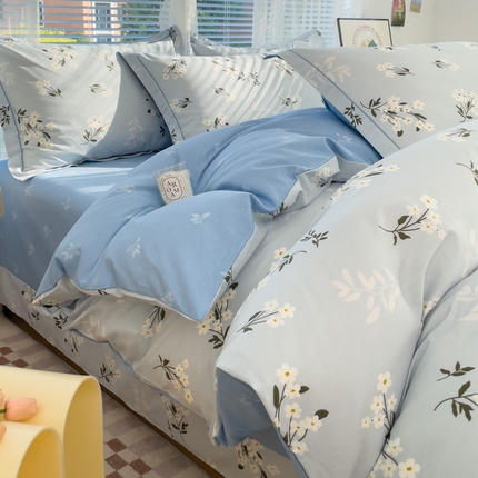 铭博家纺 新款直播爆款网红全棉四件套13070印花吊边一字绣纯棉被套工艺款 那年花开