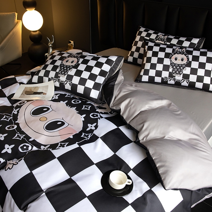 91家纺网 家纺一手货源 找家纺 2025新款水洗真丝数码印花四件套 棋盘兔