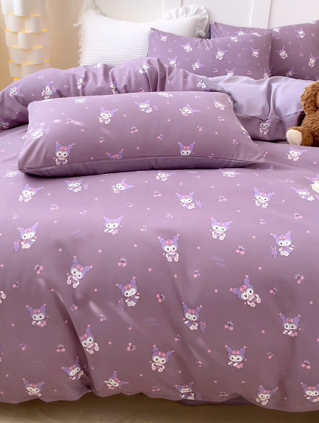 91家纺网 家纺一手货源 找家纺 汣沐生活 2025新款针织棉印花款四件套 库洛米-紫