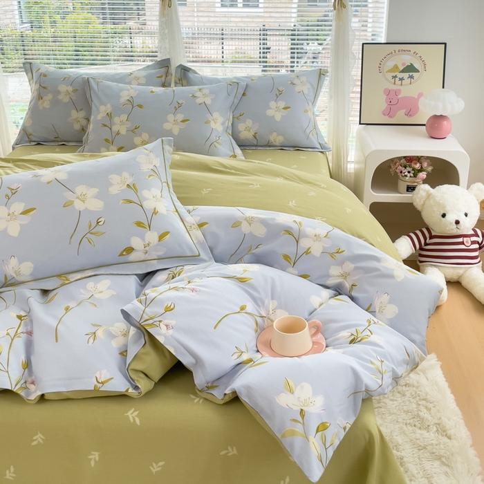 91家纺网 家纺一手货源 找家纺 铭博家纺 新款直播爆款网红全棉四件套13070印花吊边一字绣纯棉被套工艺款 元气晶冻