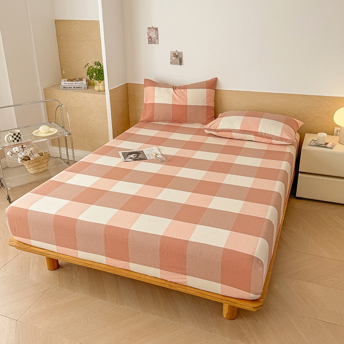 91家纺网 家纺一手货源 找家纺 晓时候 2025新款100%全棉色织水洗棉床笠全棉床笠纯棉床笠 粉大格