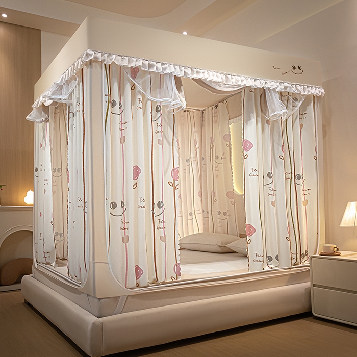 91家纺网 家纺一手货源 找家纺 锦逸家居 2025新款坐床式防摔遮光蚊帐 微笑人生-遮光