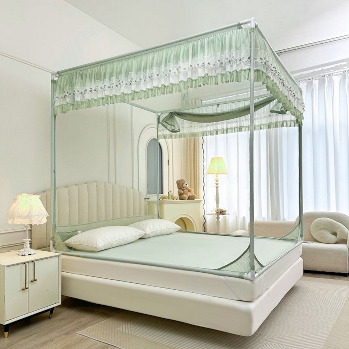 91家纺网 家纺一手货源 找家纺 梦尔佳蚊帐 2025新款双层花边全包围全底款和床笠款三开门蚊帐-863系列青春亮丽 沫绿