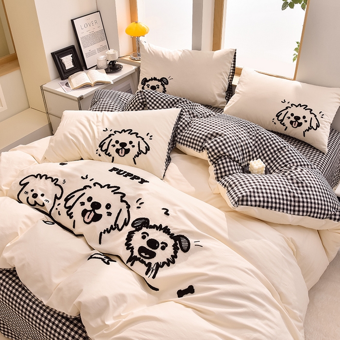 91家纺网 家纺一手货源 找家纺 炫拼家纺 2025新款卡通多巴胺A类全棉40支水洗棉毛巾绣四件套 潦草小狗