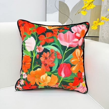 爱家居 2025新款抱枕沙发新中式靠垫轻奢高级感靠枕床头大靠背正方形抱枕套卡通花卉 幸福花海