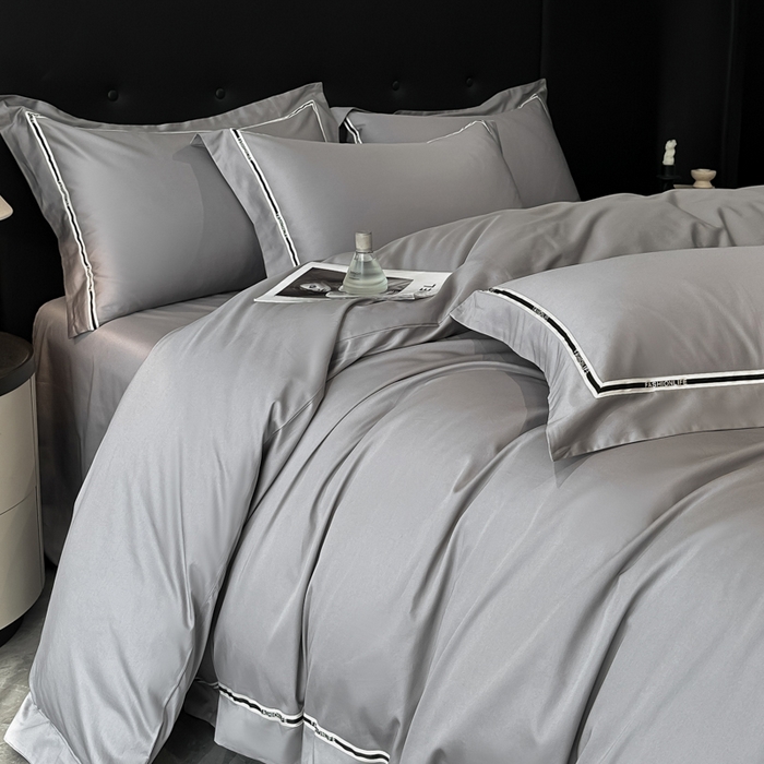 91家纺网 家纺一手货源 找家纺 魅都 2025新款100支长绒棉简约织带轻奢风四件套-罗伊 浅灰