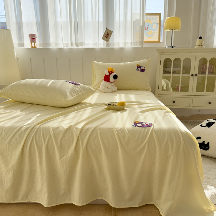 91家纺网 家纺一手货源 找家纺 曼谷家纺 2025新款软糯毛巾绣水洗棉床单床笠枕套纯色床单床笠枕套单品 茄子-芝士