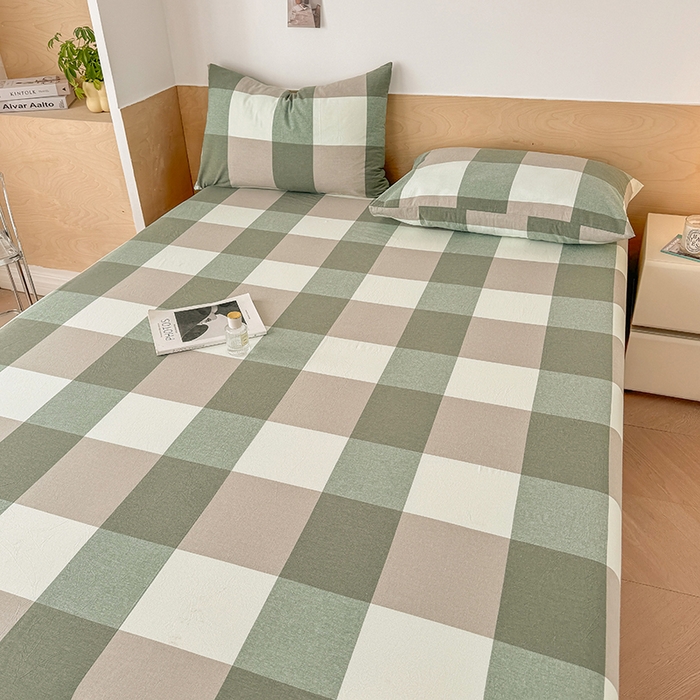 91家纺网 家纺一手货源 找家纺 晓时候 2025新款100%全棉色织水洗棉床笠全棉床笠纯棉床笠 绿中格