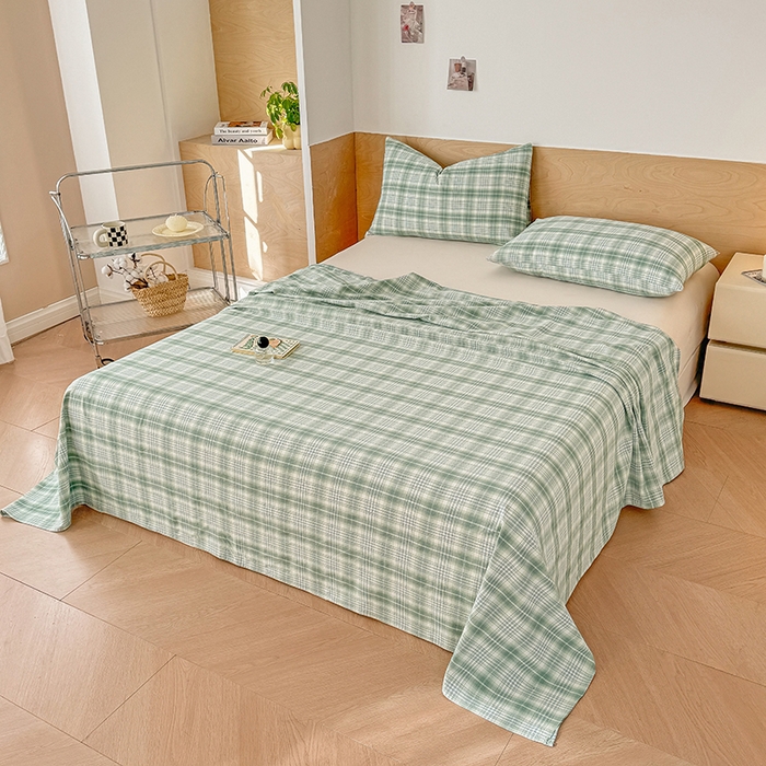 91家纺网 家纺一手货源 找家纺 晓时候 2025新款100%全棉色织水洗棉床单全棉床单纯棉床单 光年绿