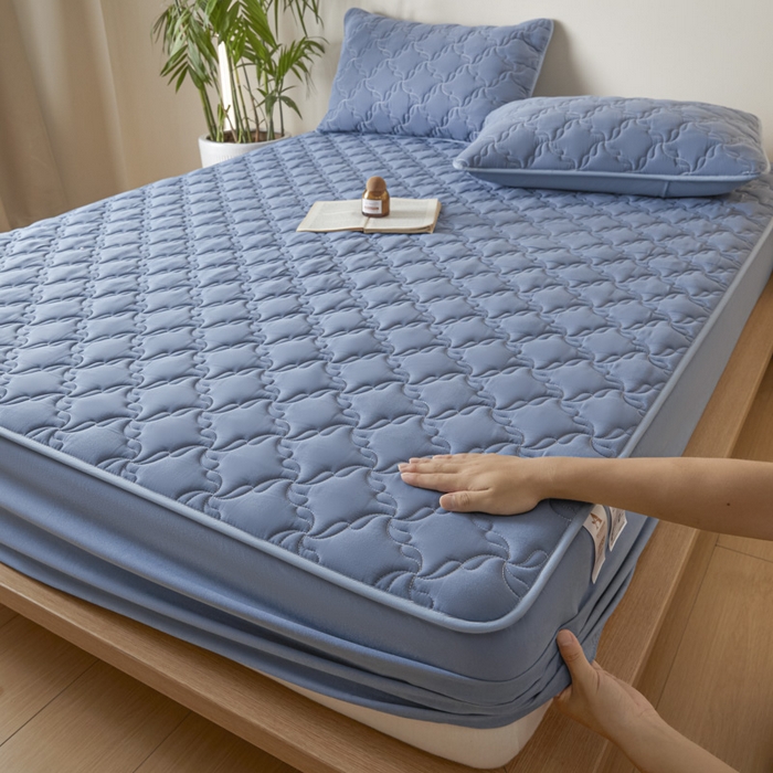 91家纺网 家纺一手货源 找家纺 雪云美2025新款全棉夹棉床笠13372斜纹A类纯棉床罩可定制尺寸-风车款 风车-如意蓝