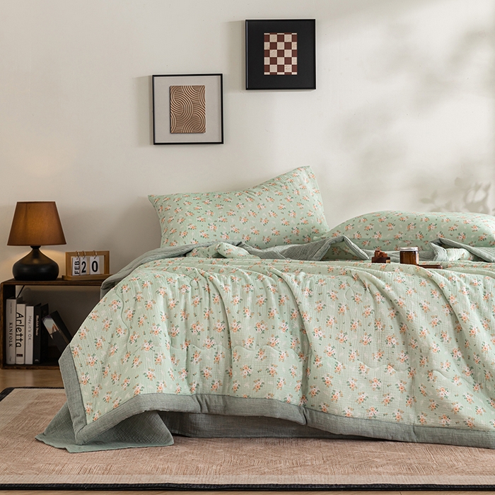 91家纺网 家纺一手货源 找家纺 吾诺 2025新建全棉印花泡泡双层纱大豆夏被子被芯全棉夏被四件套夏凉被空调被 春意