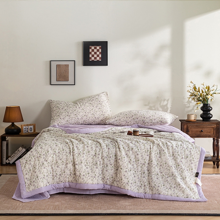 91家纺网 家纺一手货源 找家纺 吾诺 2025新建全棉印花泡泡双层纱大豆夏被子被芯全棉夏被四件套夏凉被空调被 浅紫花语