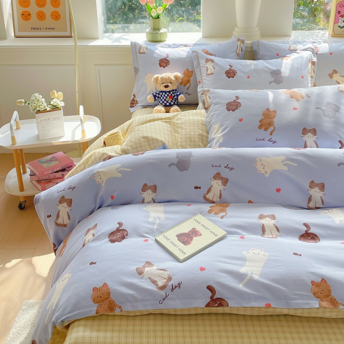 91家纺网 家纺一手货源 找家纺 铭博家纺 新款直播爆款网红全棉四件套13070印花吊边一字绣纯棉被套工艺款 喵星庆典