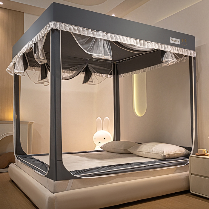 91家纺网 家纺一手货源 找家纺 锦逸家居 2025新款坐床式防摔遮光蚊帐 时尚英伦-不遮光