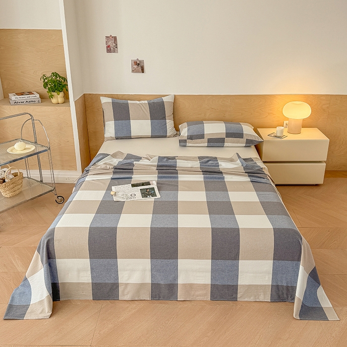 91家纺网 家纺一手货源 找家纺 晓时候 2025新款100%全棉色织水洗棉床单全棉床单纯棉床单 蓝大格