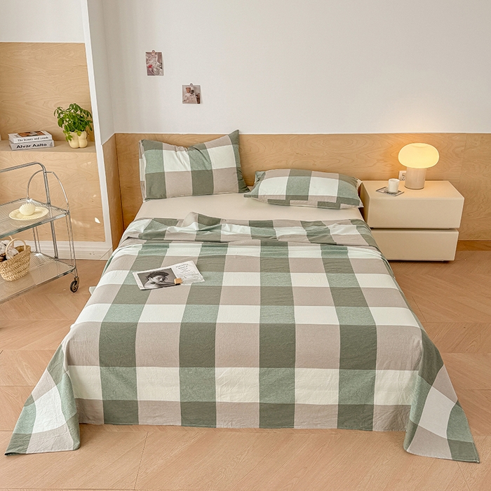 91家纺网 家纺一手货源 找家纺 晓时候 2025新款100%全棉色织水洗棉床单全棉床单纯棉床单 绿中格