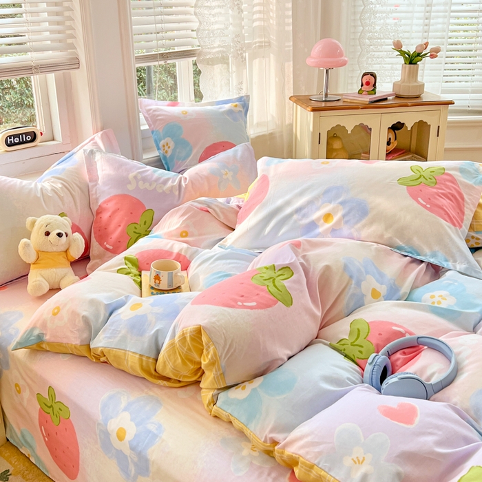 91家纺网 家纺一手货源 找家纺 世爵2025春夏新款全棉纯棉印花系列单床单 床单单件 清甜草莓-粉