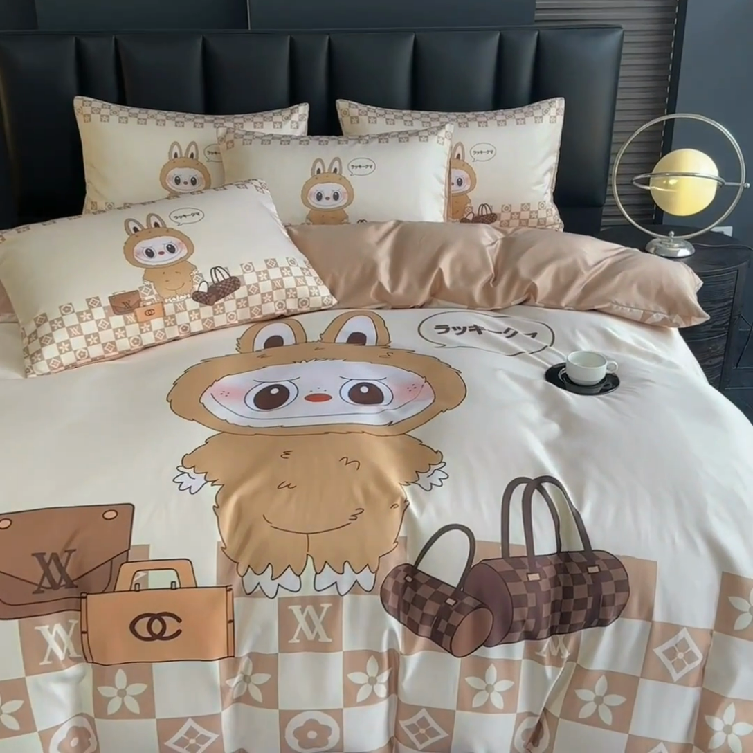 91家纺网 家纺一手货源 找家纺 2025新款水洗真丝数码印花四件套 卡夫兔