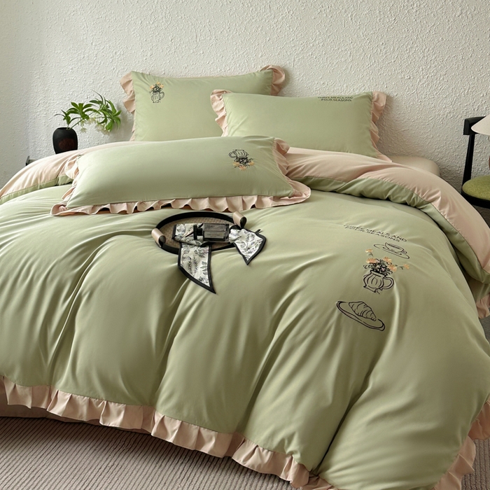91家纺网 家纺一手货源 找家纺 汣沐生活 2025新款亲肤绣花花边四件套 橄榄緑-香槟-田园生活