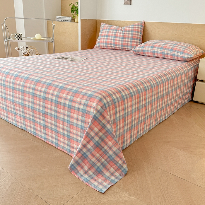 91家纺网 家纺一手货源 找家纺 晓时候 2025新款100%全棉色织水洗棉床单全棉床单纯棉床单 云舒粉