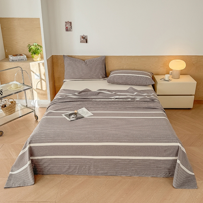 91家纺网 家纺一手货源 找家纺 晓时候 2025新款100%全棉色织水洗棉床单全棉床单纯棉床单 灰细条