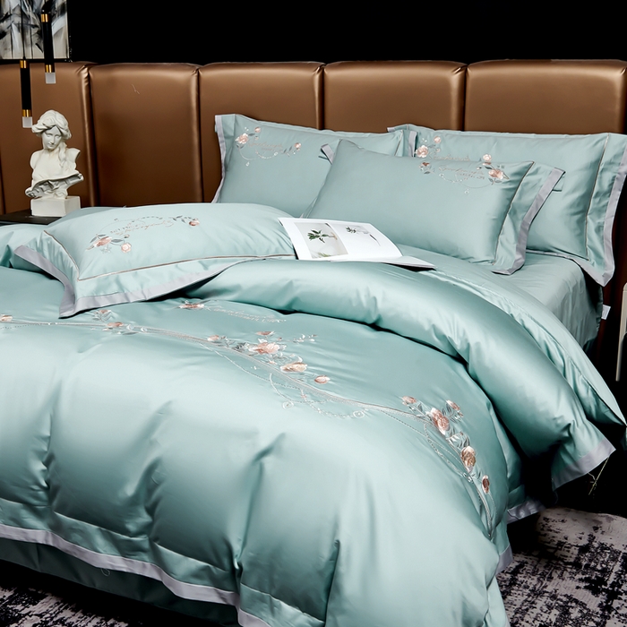 91家纺网 家纺一手货源 找家纺 U品汇 2025新品120支60s双股贡缎长绒棉重工刺绣花纯棉全棉四件套 蔷薇恋人-晴空兰