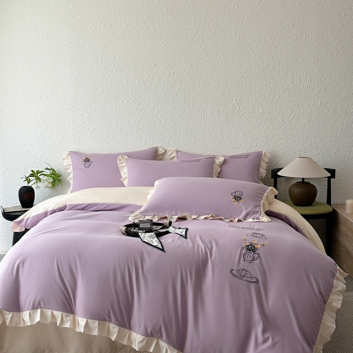 91家纺网 家纺一手货源 找家纺 汣沐生活 2025新款亲肤绣花花边四件套 香芋紫-香槟-田园生活