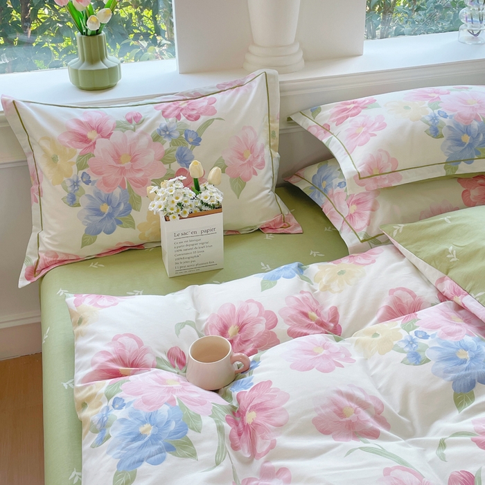 91家纺网 家纺一手货源 找家纺 铭博家纺 新款直播爆款网红全棉四件套13070印花吊边一字绣纯棉被套工艺款 花艺1